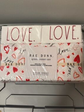 Rae Dunn White Sheet Set with Red & Pink Heart Motif